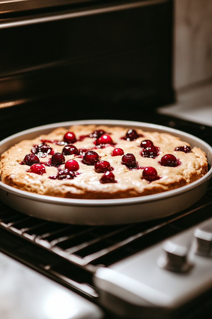 The cake pan with the assembled cake on the white marble cooktop, ready to be placed in the preheated oven. A skewer is about to be tested after baking for 55-65 minutes.