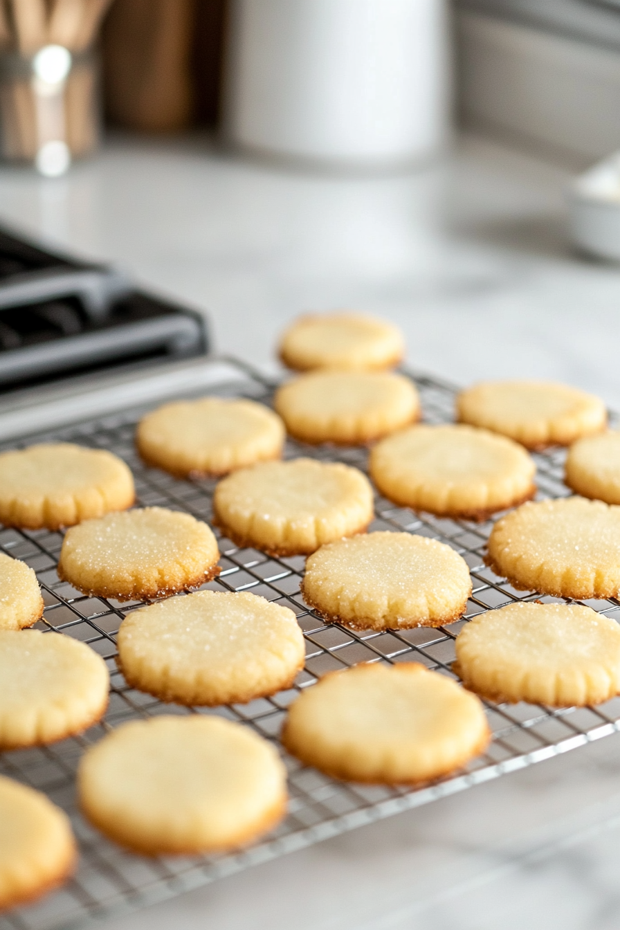 "Freshly baked sugar cookies are cooling on a wire rack over the white marble cooktop. The cookies have golden edges, with some plain and others ready for decorating."