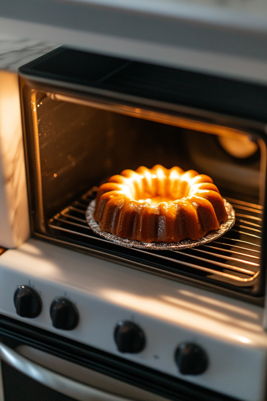 A greased Bundt pan filled with batter being placed into a preheated oven on the white marble cooktop. The oven door is slightly ajar, showing the pan inside.