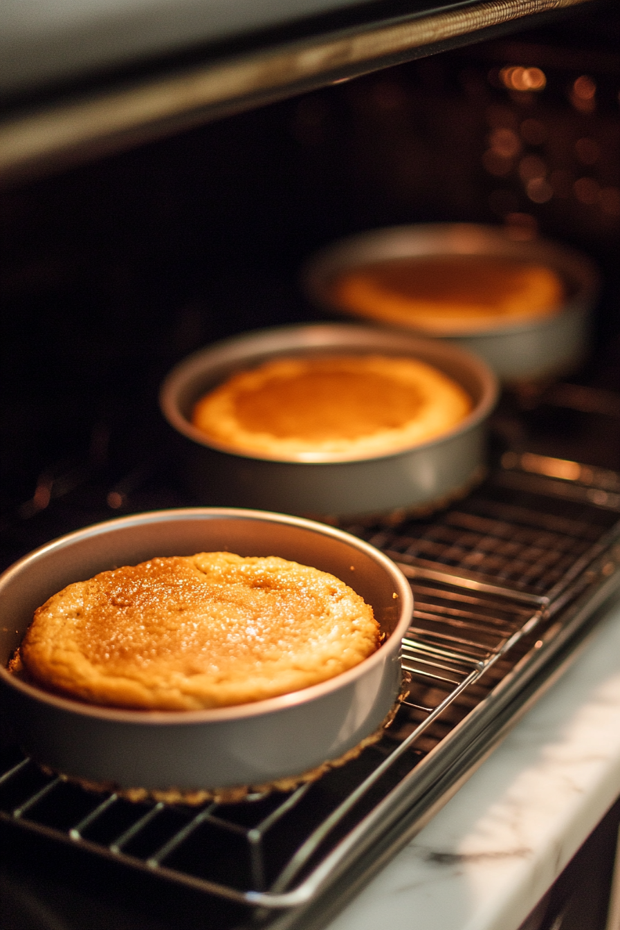 The cake pans are in the oven as the Strawberry Crunch Cake begins to rise and turn golden. The white marble cooktop reflects the warm glow from the oven light.