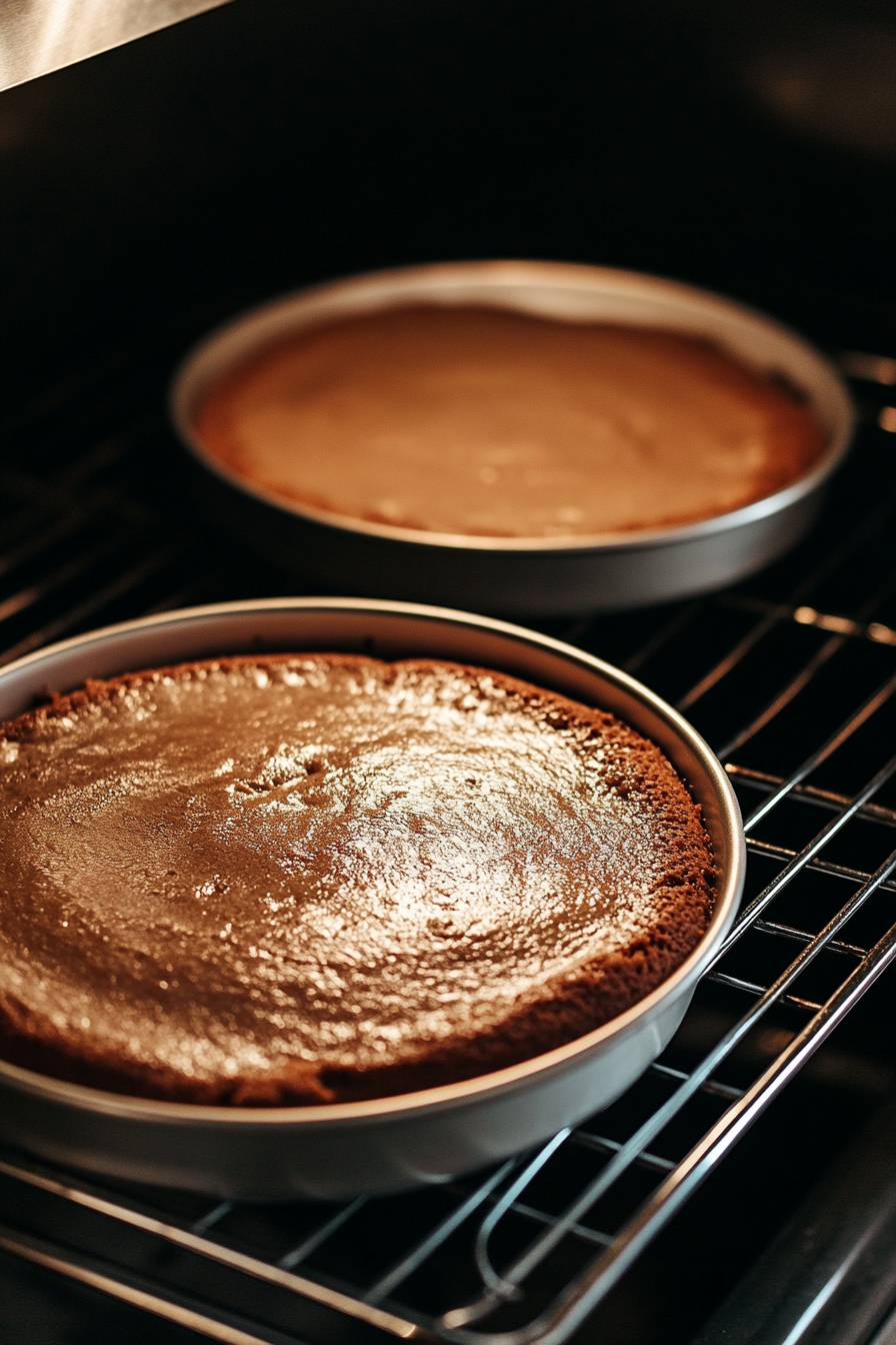 Prepared batter being poured into two 6-inch round cake pans lined with parchment paper. The pans are placed on the white marble cooktop, ready to bake at 350°F for 35-40 minutes