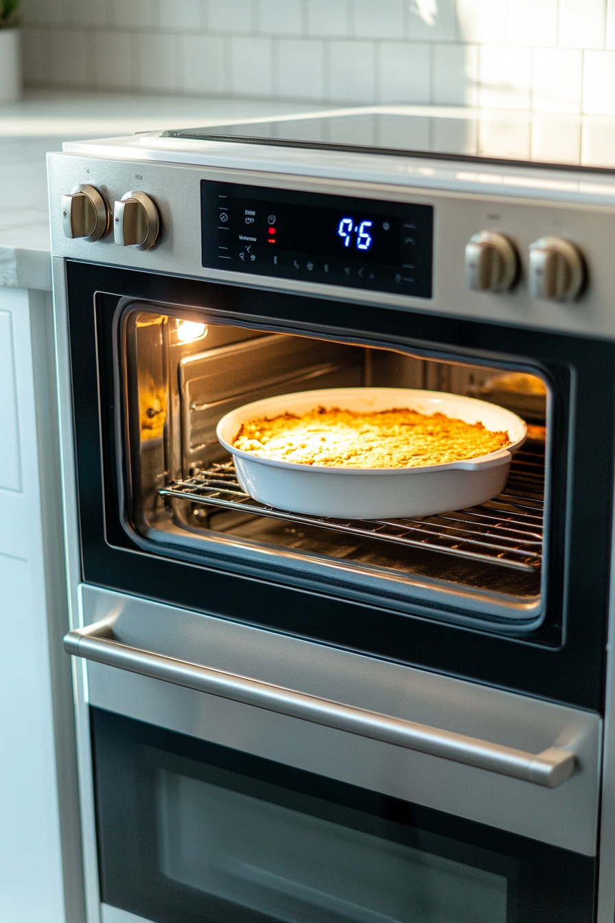 The baking pan is shown inside the oven on the white marble cooktop, with the oven door slightly ajar. The golden batter is visible, and a timer on the cooktop is set for 45 minutes.