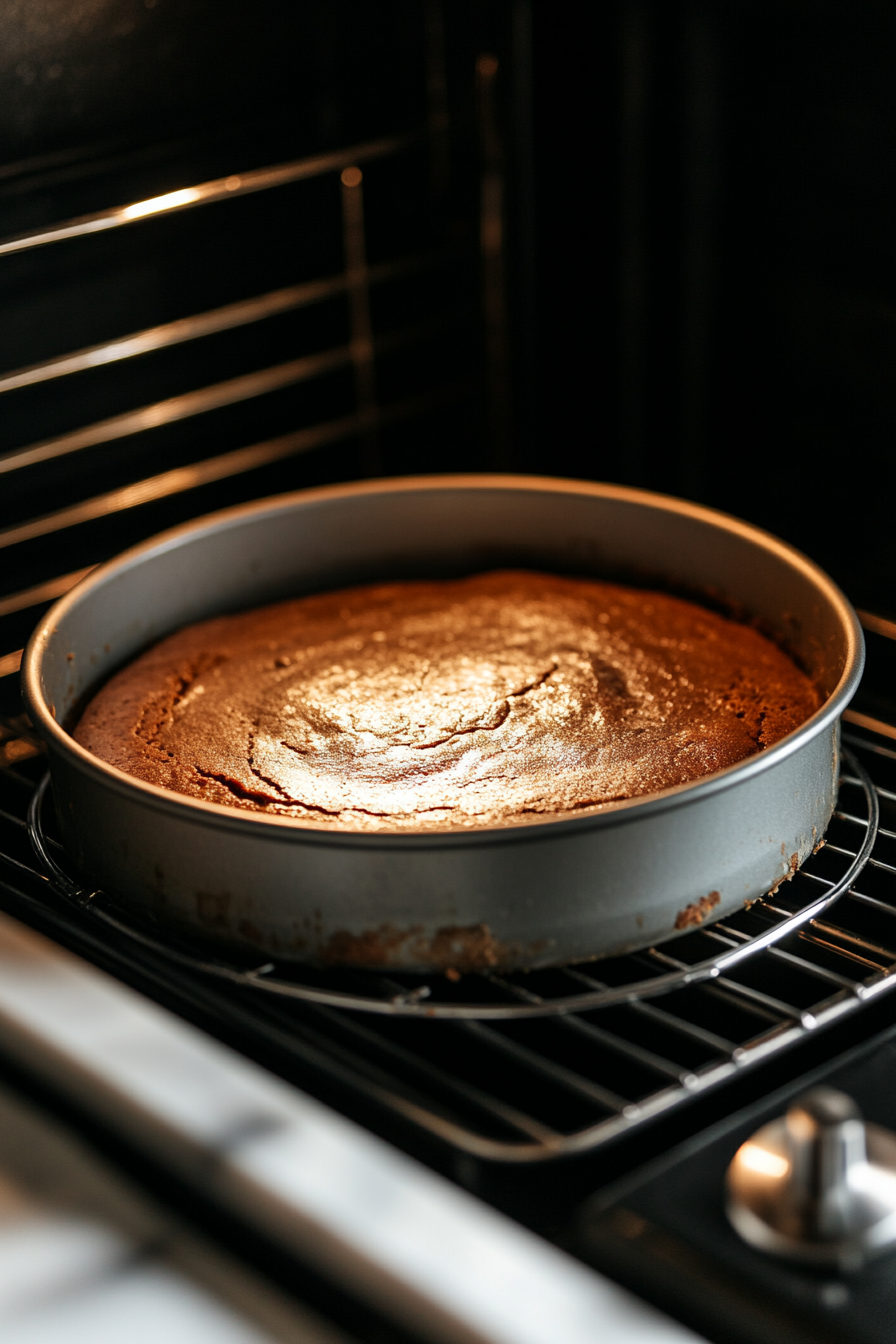 "The cake pan sits in an open oven, set to 360°F, with the white marble cooktop visible in the foreground. The batter is beginning to rise as it bakes."