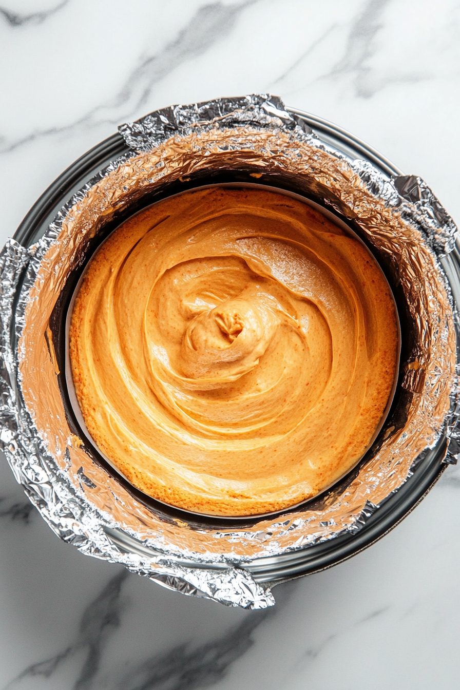 A 9-inch springform pan filled with smooth carrot cake batter is placed into the oven on the white marble cooktop. A timer nearby is set for 20-25 minutes, and the batter is ready to bake.