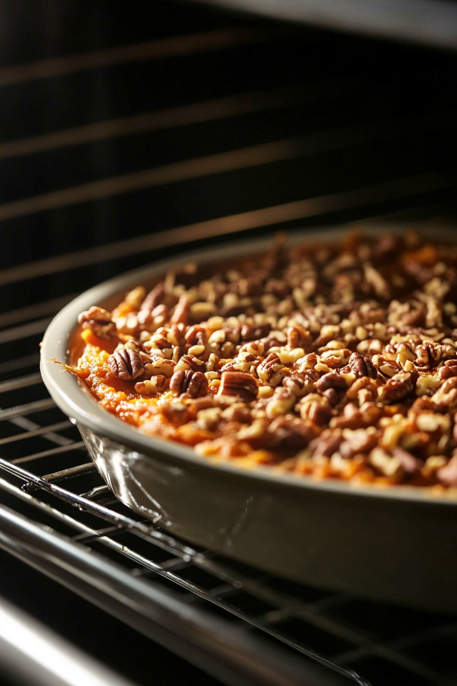 The sweet potato casserole is baking in the oven, with the pecan topping turning golden brown and crispy. A warm, inviting light highlights the casserole’s rich texture.