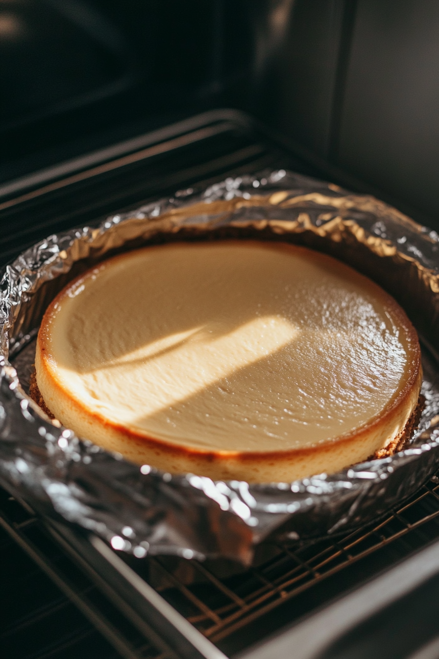 "The springform pan is wrapped in foil and placed inside a roasting pan filled halfway with water. The setup bakes in the oven at 350°F, with the cheesecake's surface appearing creamy and glossy."