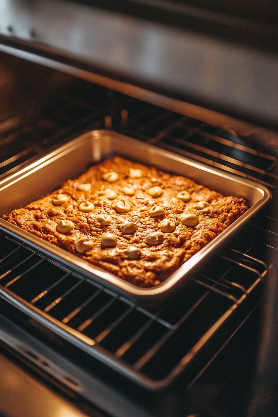 The baking pan with cookie dough sits on the center rack of a preheated oven. The edges are turning golden brown, illuminated by the warm glow of the oven light.