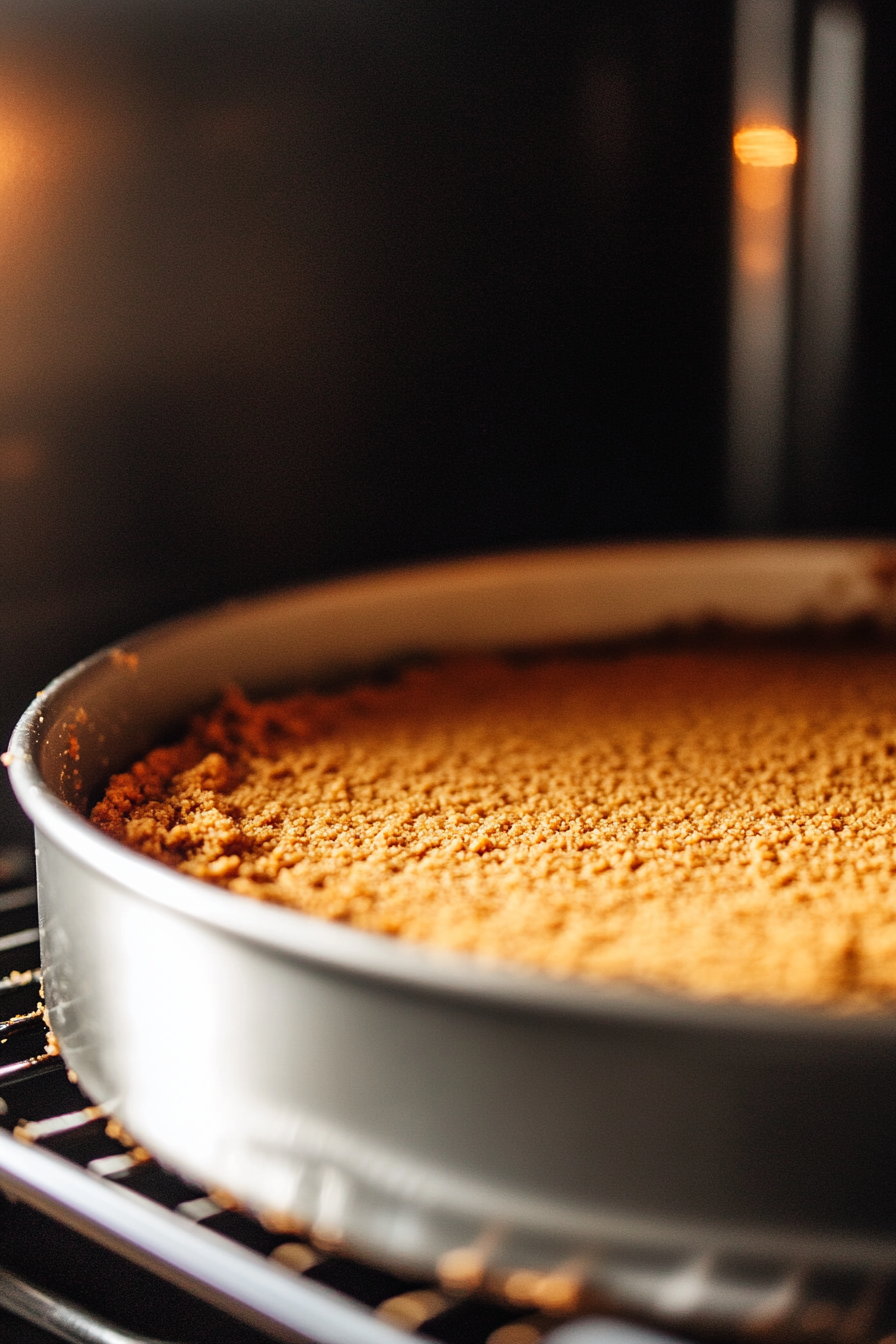 The 10-inch springform pan with the graham cracker crust is placed in the oven. The oven light glows, signaling that the crust is baking at 350°F for 10 minutes. The kitchen is softly lit, with the focus on the pan inside the oven, baking to golden perfection.