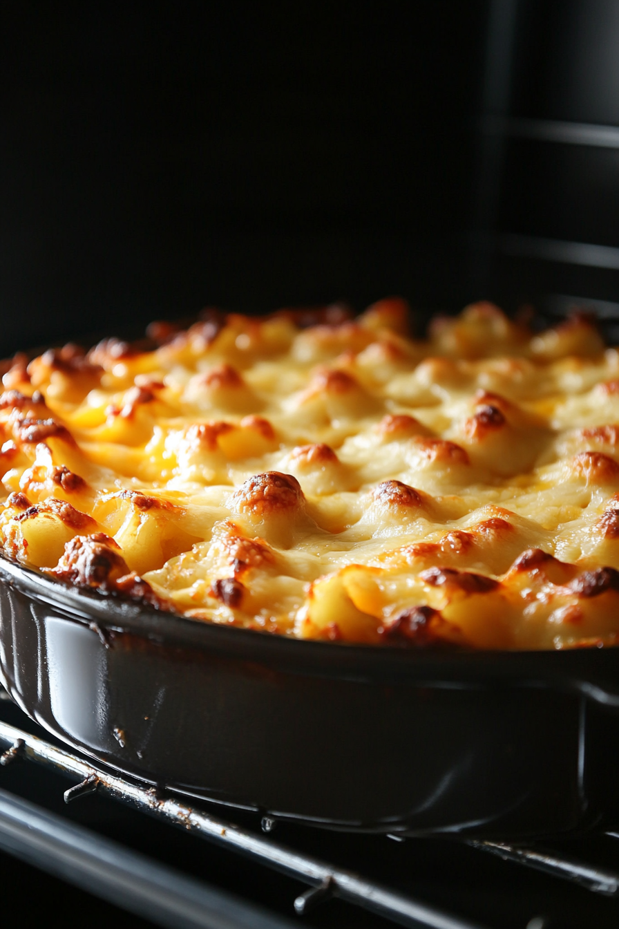 A baking dish in the oven on the center rack, with cheese on top melting and bubbling. A golden-brown crust is beginning to form around the dip.