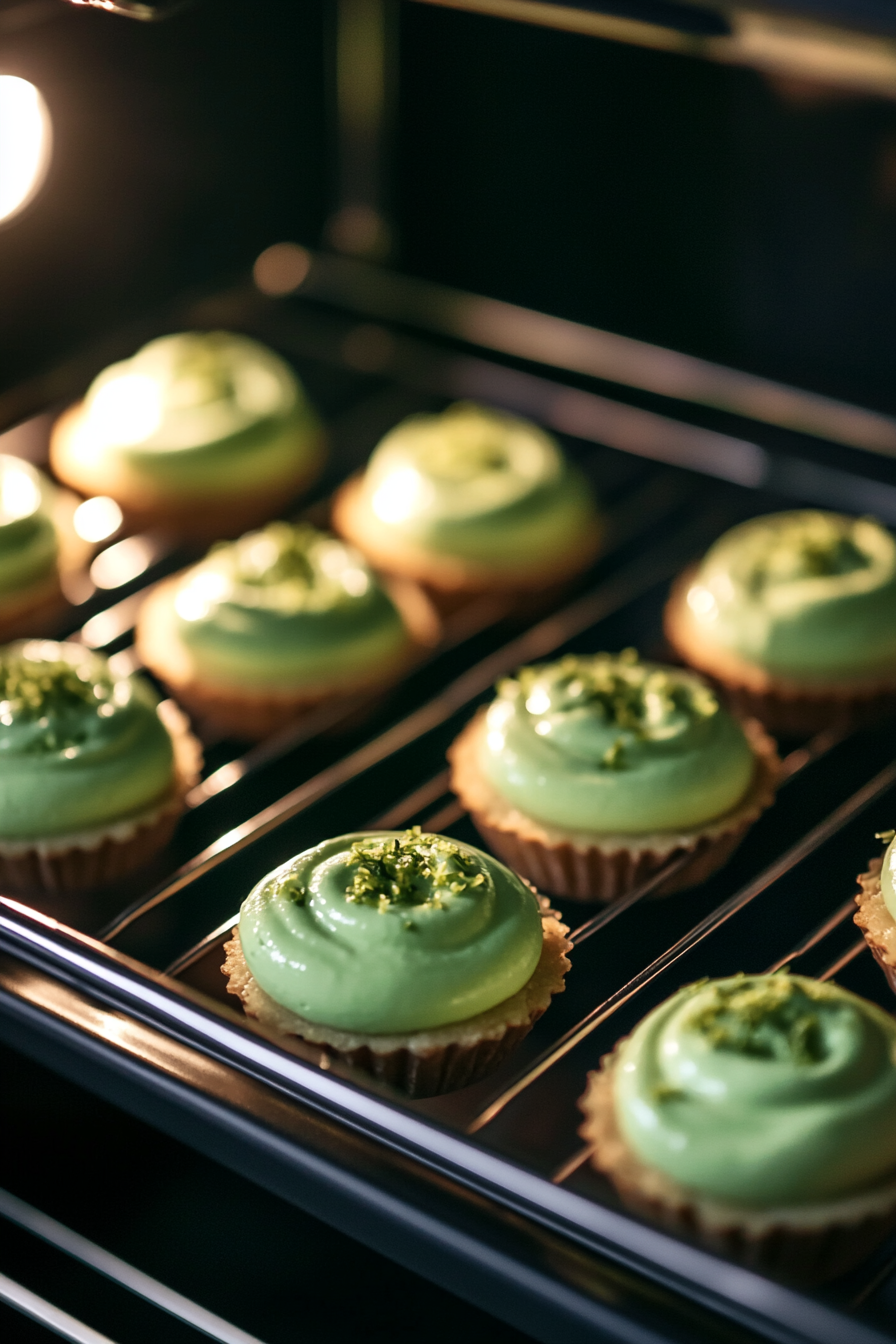 The mini cheesecake pan sits in the oven, with the tops of the cheesecakes just set and slightly puffed. The oven light glows softly, illuminating the pan resting securely on the oven rack, capturing the mini cheesecakes still in the process of baking.