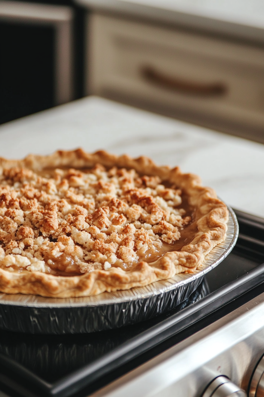 The pie rests on a baking sheet placed on the white marble cooktop, ready to go into the oven. The crumble topping and fluted pie crust are golden brown, exuding warmth and a sense of indulgence.