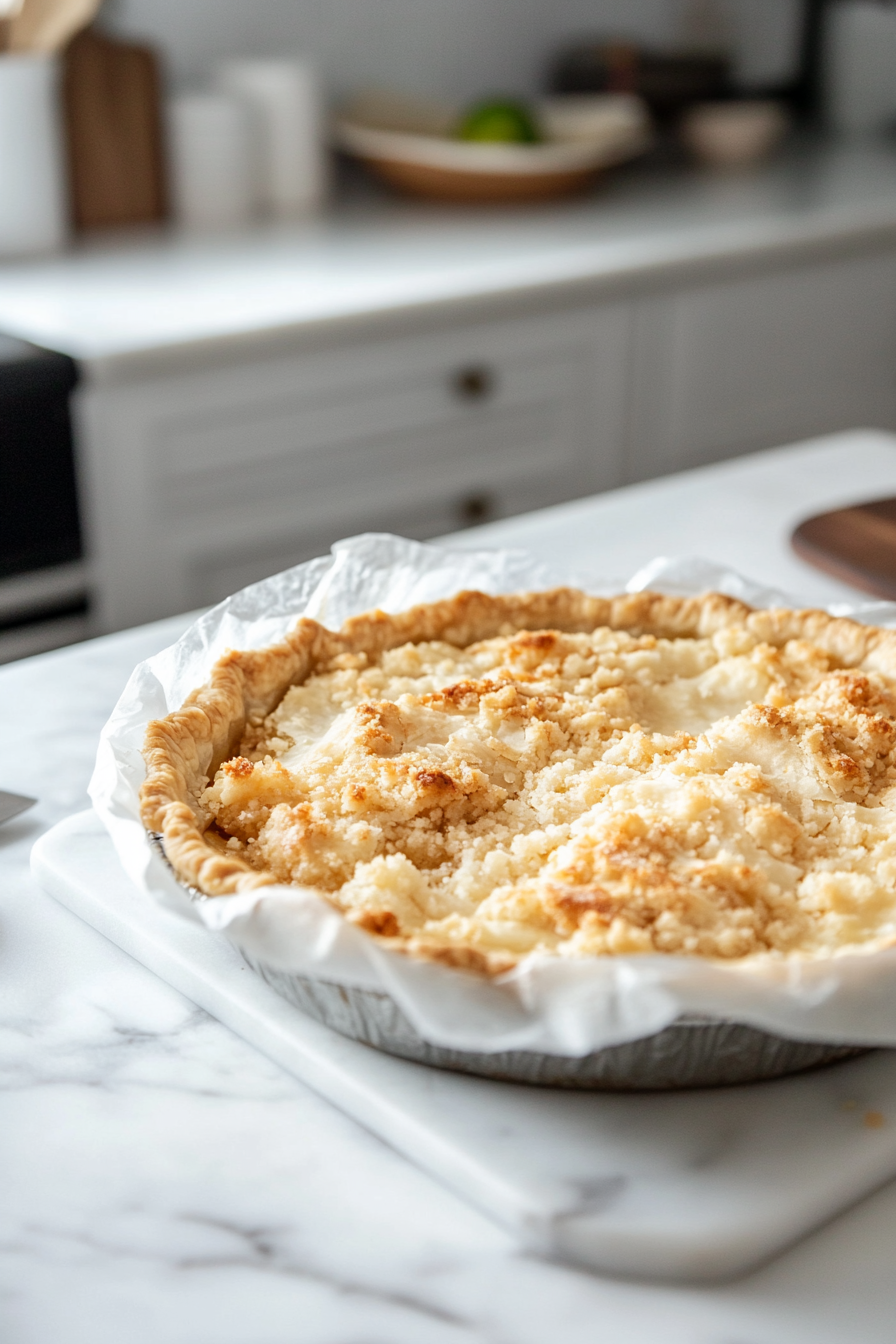 The wrapped pie rests on a baking sheet on the white marble cooktop, ready for the oven preheated to 425°F. Through the parchment, hints of the golden crust and crumble topping are visible, as the pie bakes undisturbed for an hour.