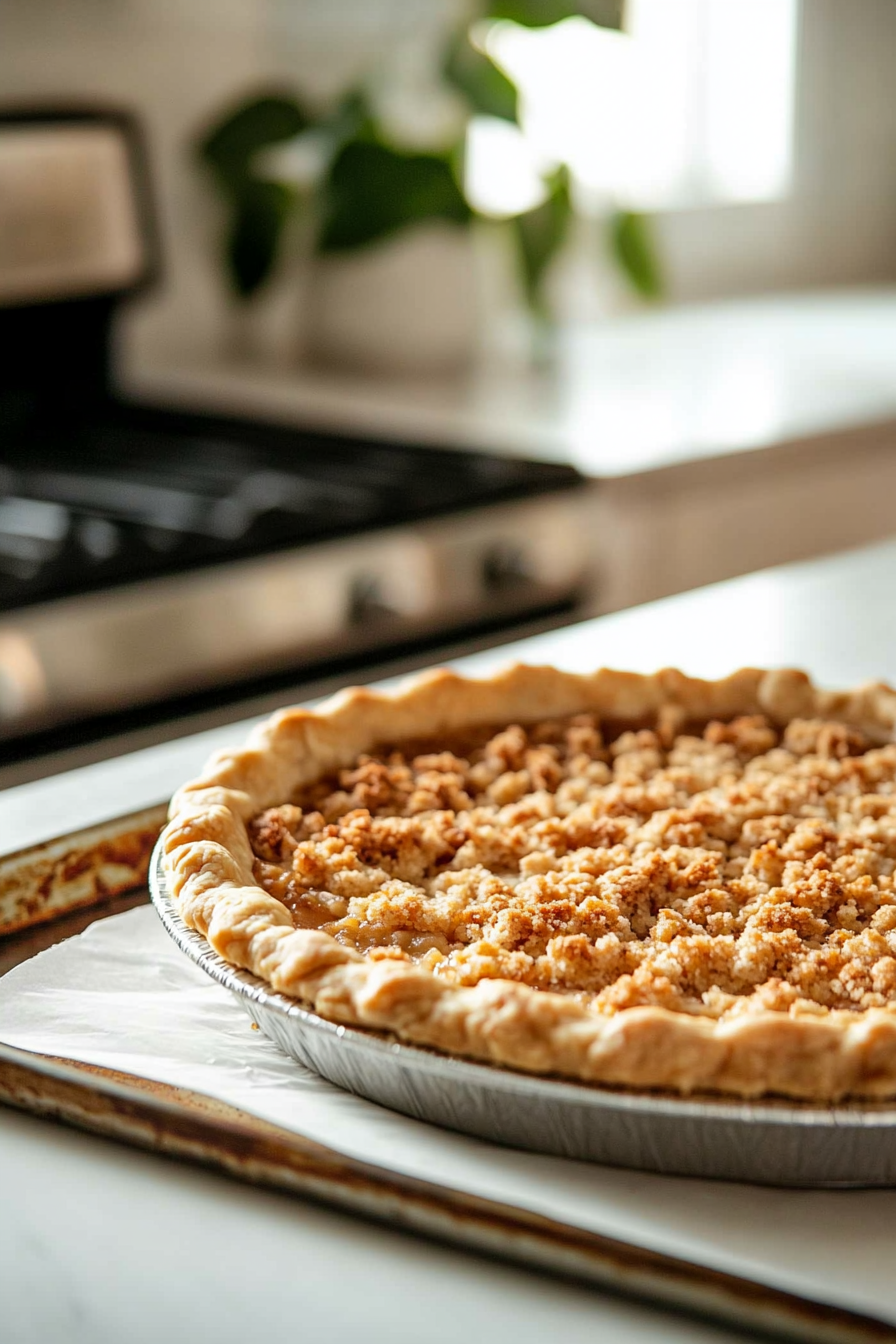 The pie is baking on a parchment-lined baking sheet in the oven. The crust edges and crumb topping turn a beautiful golden brown as the bubbling filling peeks through, creating an inviting scene.