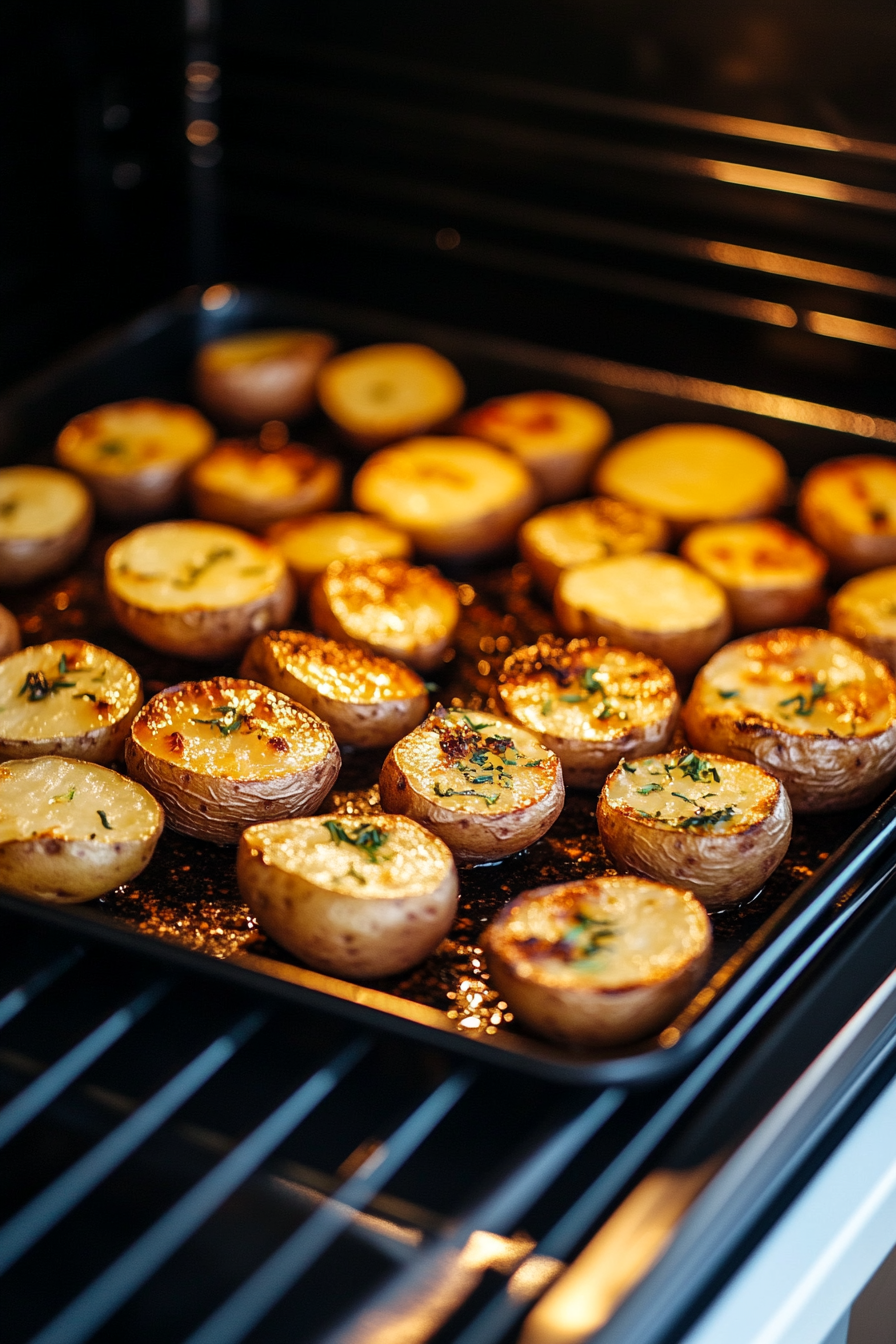 Potatoes placed evenly on a baking sheet inside a well-lit oven. The golden-brown skins look slightly crisp, hinting at their tender interior. The oven door is slightly open, showing the tray on the center rack