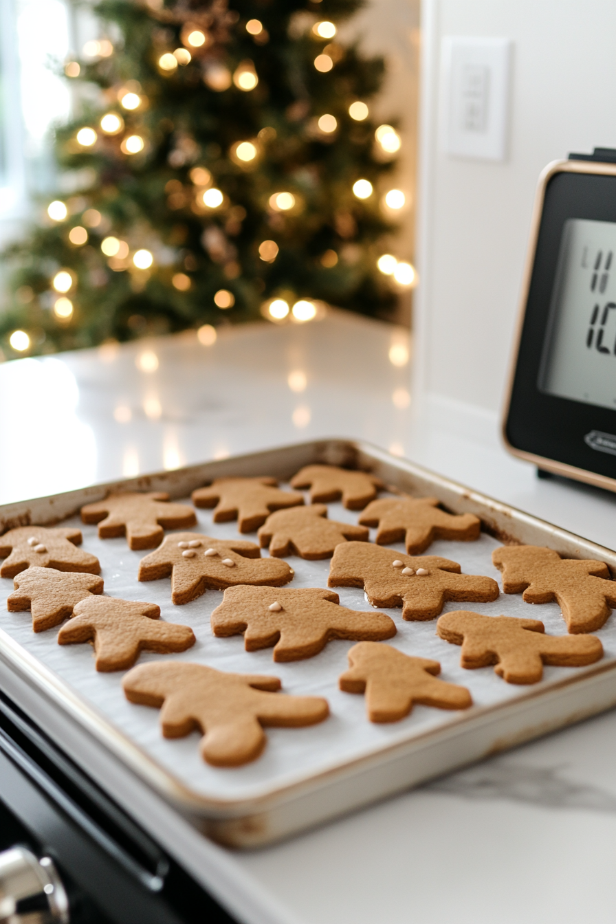 Gingerbread cutouts rest on a baking sheet, which sits on the white marble cooktop before being placed into the oven. A timer ensures the cookies are baked to a golden-brown perfection.