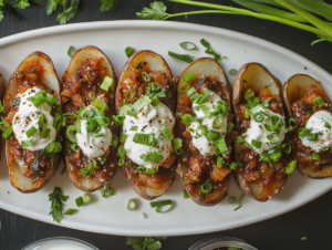 Finished potato skins arranged on a white serving platter, each garnished with finely sliced green onions and a dollop of sour cream. A small bowl of extra sour cream and scattered green onions add to the presentation