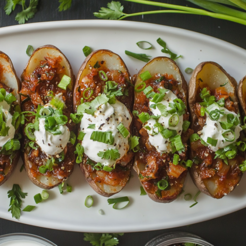 Finished potato skins arranged on a white serving platter, each garnished with finely sliced green onions and a dollop of sour cream. A small bowl of extra sour cream and scattered green onions add to the presentation