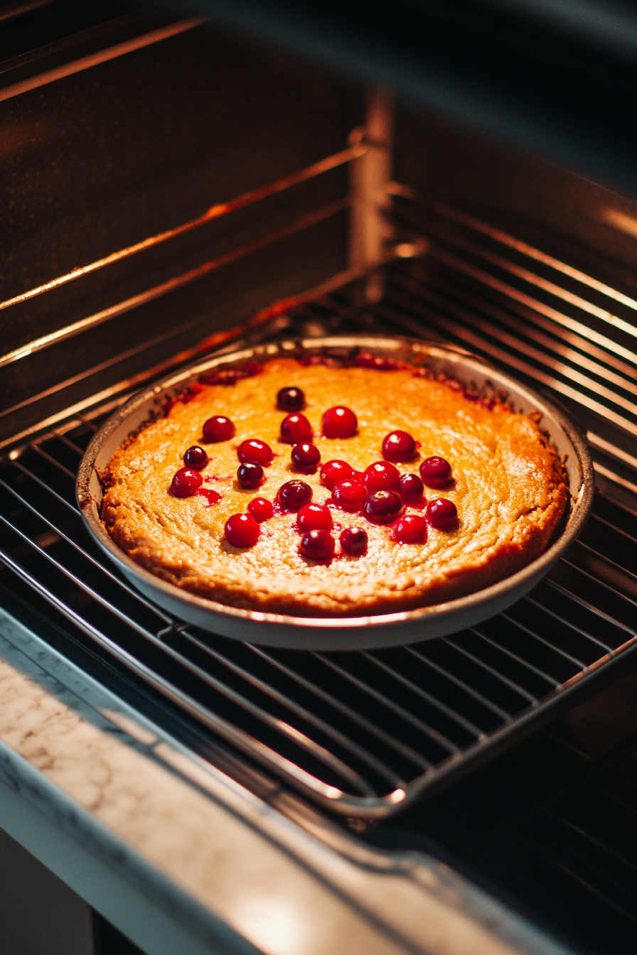 The cranberry cake baking in the oven. The batter is rising, with a golden-brown crust beginning to form. The oven light highlights the cake's progress, with the white marble cooktop visible below