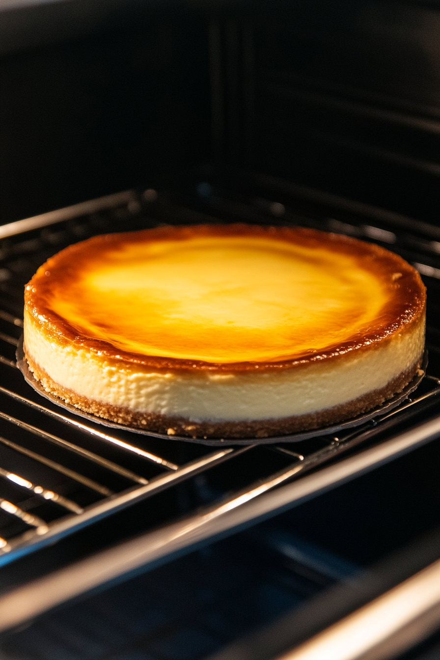 The cheesecake is shown baking in the oven at 350°F (175°C). The top is smooth and set, with slightly golden edges. The roasting pan filled with water creates a steamy environment. The focus is entirely on the cheesecake for a clean and simple depiction