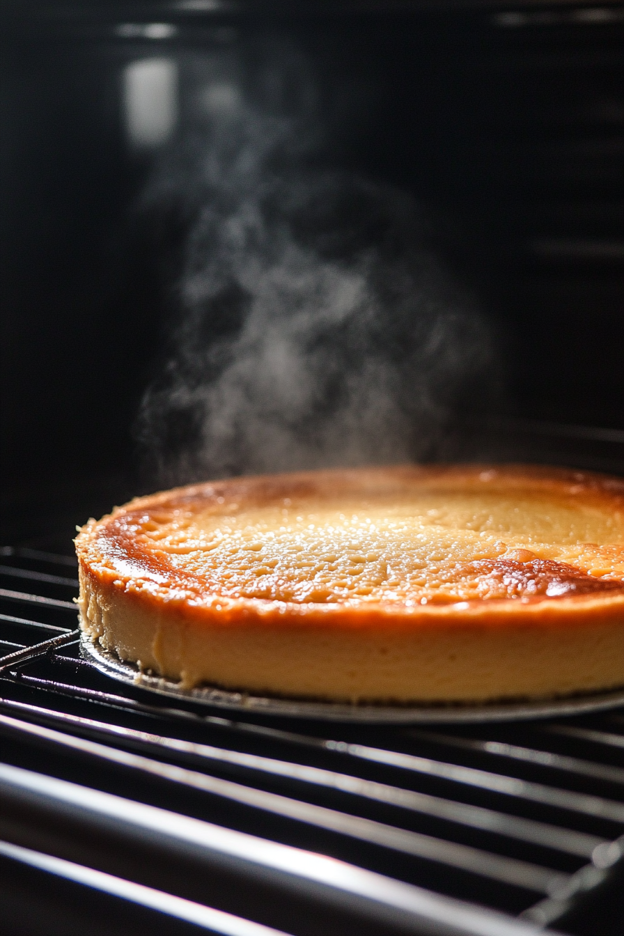 The cheesecake is baking in an oven set to 325°F. A shallow pan of water sits on the lower rack, producing steam to ensure the cheesecake has a smooth, crack-free surface.