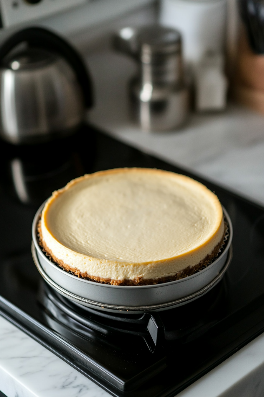 A large springform pan placed inside a water bath, being carefully moved into the oven to bake for 80-85 minutes until the cheesecake is set