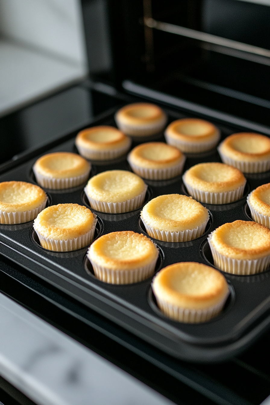 The cupcake pan on the white marble cooktop shows the mini cheesecakes after baking. They have slightly risen and are cooling with the oven door slightly ajar, revealing their golden surfaces.