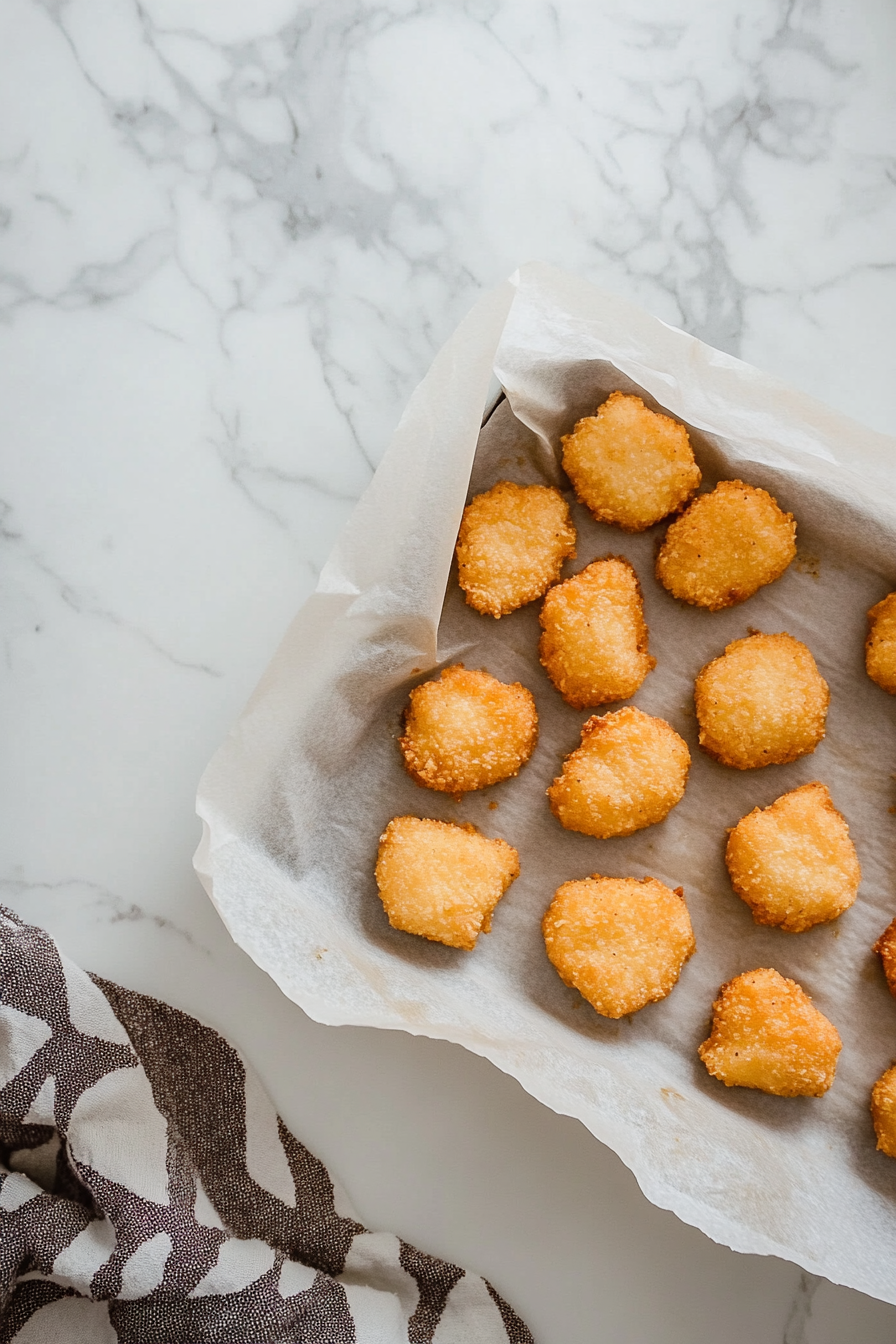 Golden brown keto chicken nuggets fresh out of the oven are displayed on a parchment-lined baking tray. The nuggets have a crispy, textured surface and are placed on a white marble countertop, emphasizing the perfectly baked crust.