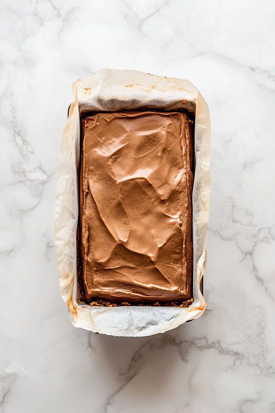 The coffee cheesecake in the loaf pan is fresh out of the oven, with a set and slightly puffed surface free of cracks. The parchment paper lining is visible around the edges, and the loaf pan is on the white marble countertop.