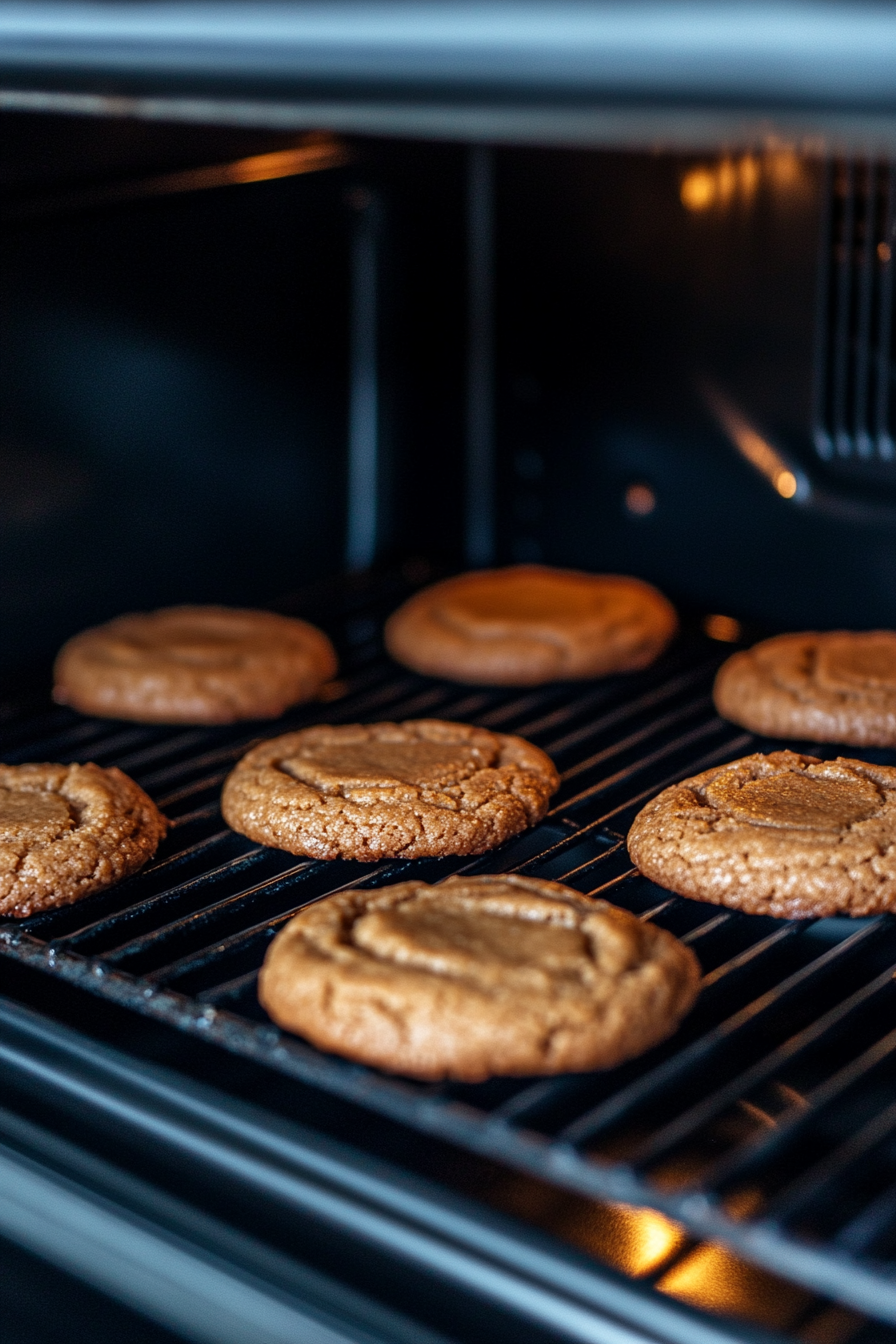 Cookies bake inside an oven, with their edges starting to set. Through the slightly open oven door, the cookies’ rich golden texture is clearly visible.