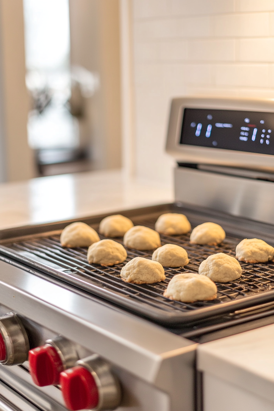 The baking sheet with the dough balls placed in the oven, baking for 10–13 minutes until the cookies are set, with a timer counting down.