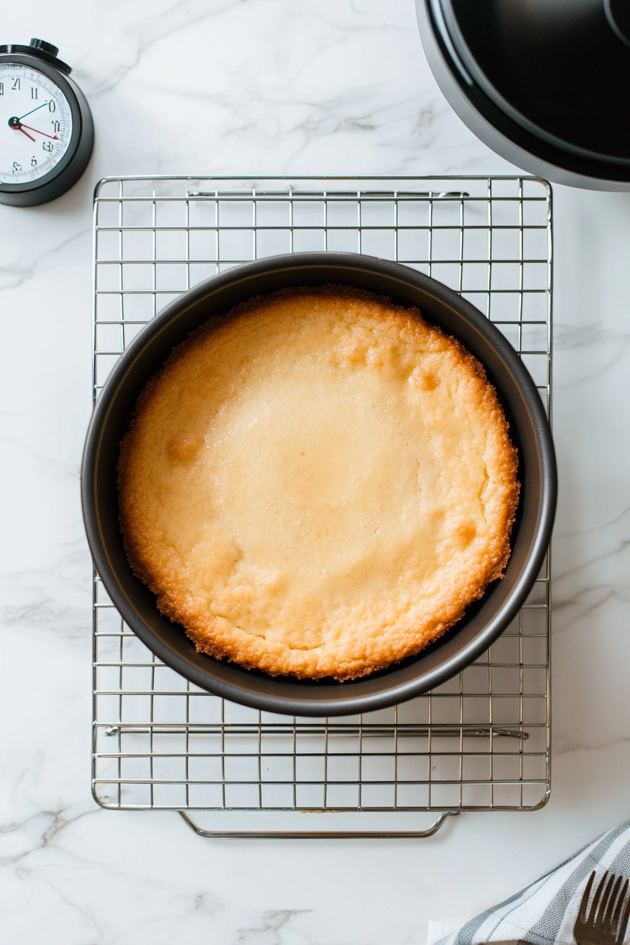 The 9-inch springform pan, containing the prepared crust, sits on a wire rack after being baked at 350°F (175°C). The crust is golden-brown and cooling for 30 minutes, with a timer in the background. The pan is placed on the white marble cooktop to maintain a consistent setup.