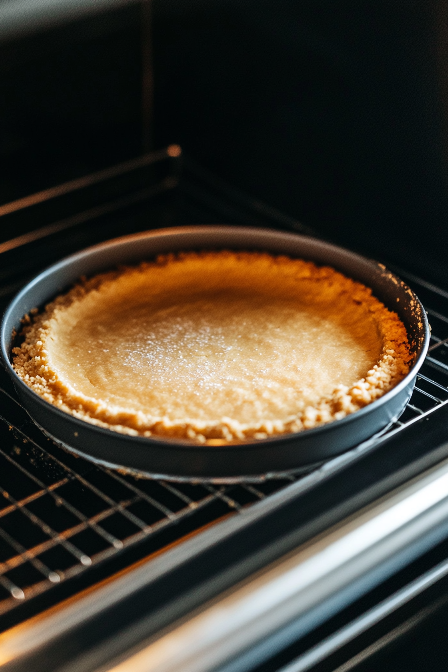 The springform pan with the crust inside, placed on an oven rack set to 325°F (165°C). The crust is golden brown after baking for 10 minutes.