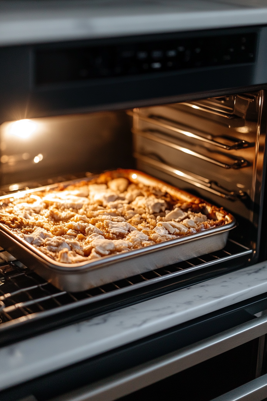 The dessert baking in the oven, golden edges beginning to form and the fruit filling bubbling up