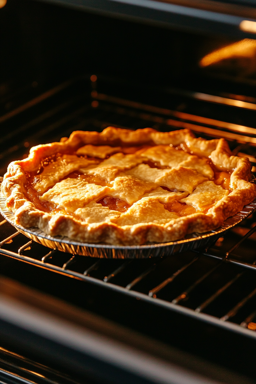 The pie is baking in an oven set to 375°F. The crust edges are golden brown, and the filling bubbles gently as it sets. Warm light from the oven highlights the pie's texture and colors.