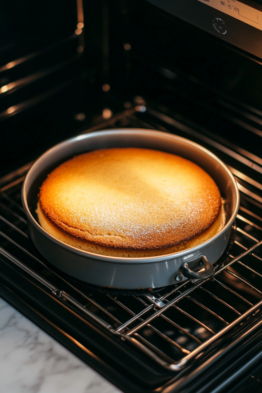 The cake baking in the oven with its top turning golden brown. The springform pan is visible through the oven window, with the white marble cooktop beneath."