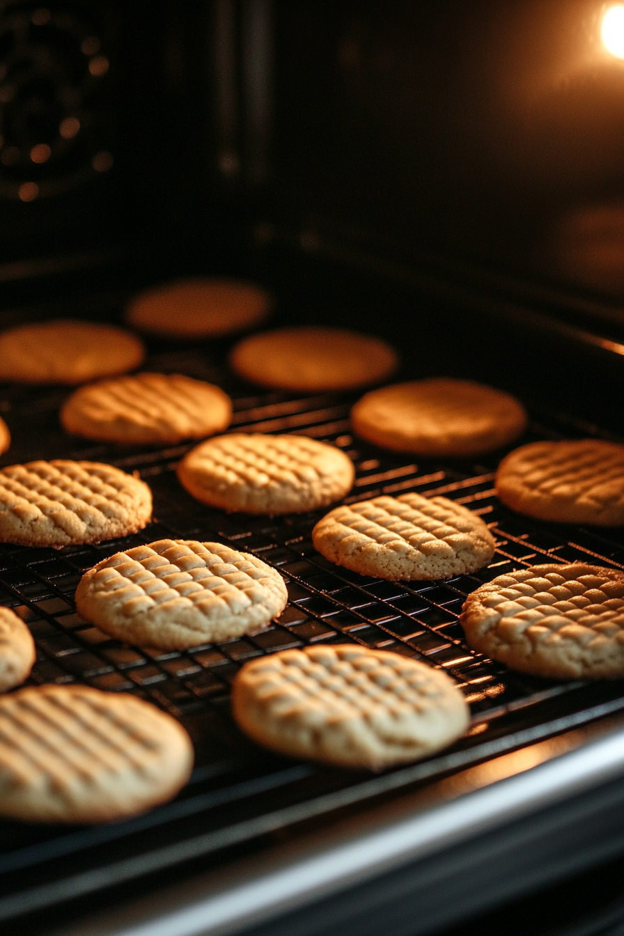 A baking sheet with cookies is in the oven, their edges turning golden as they bake. Through the slightly open oven door, the cookies' crosshatch pattern is clearly visible.