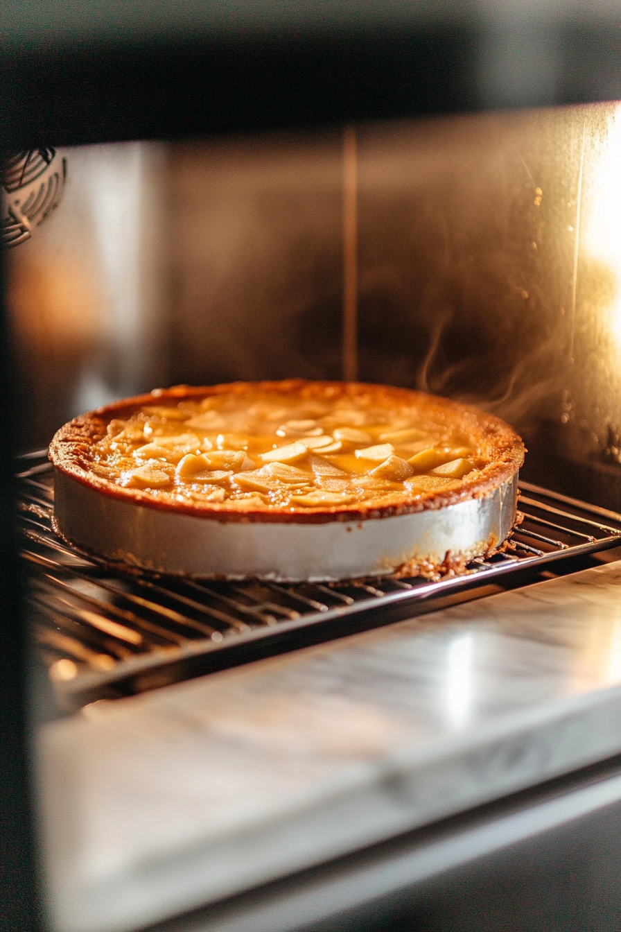 The springform pan inside the oven, with the cake starting to rise and the streusel turning golden.