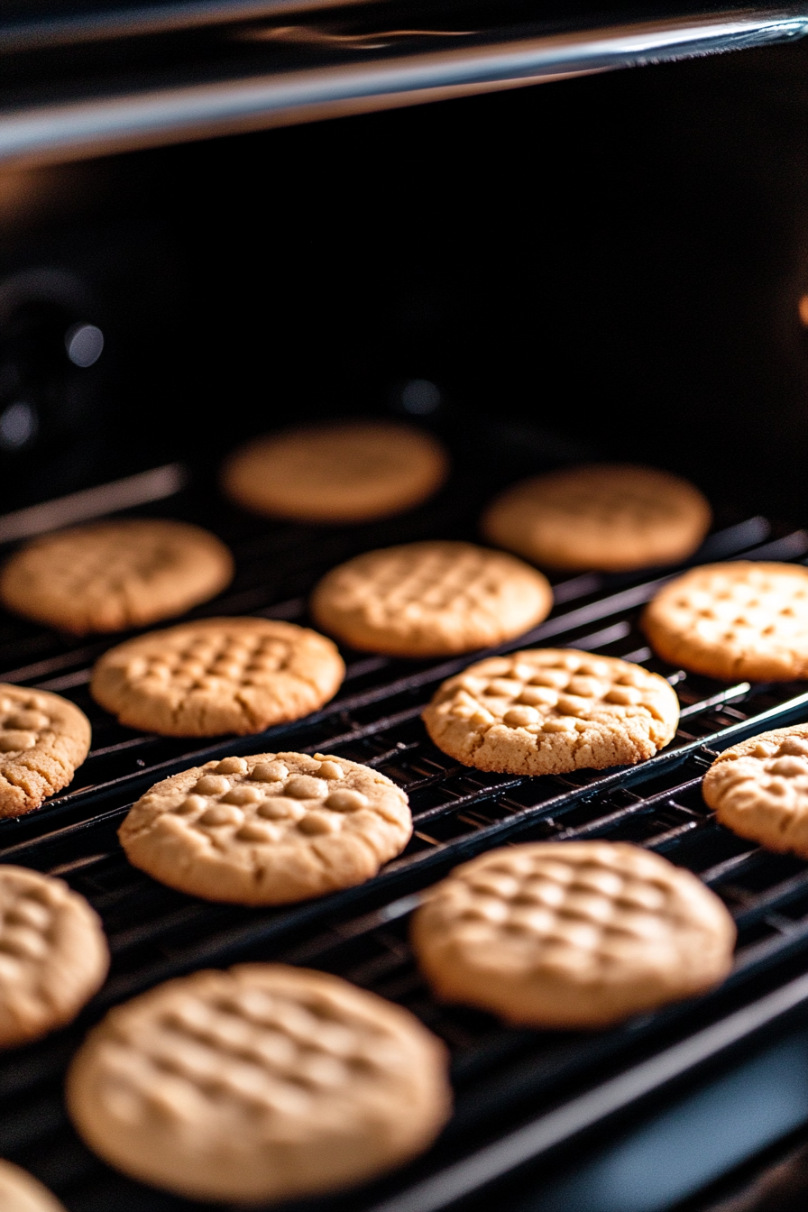 A baking sheet with cookies is in the oven, their edges turning golden as they bake. Through the slightly open oven door, the cookies' crosshatch pattern is clearly visible.