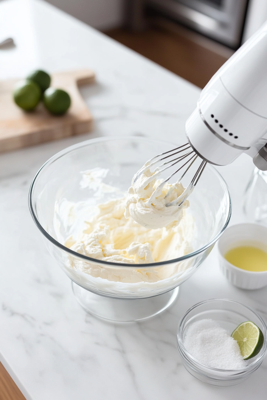 A glass mixing bowl on the white marble cooktop holds softened cream cheese being beaten with a hand mixer. The cream cheese is smooth and creamy, with a few lumps visible as the mixer is lifted. A small bowl of sour cream, granulated sugar, and key lime juice sits nearby, ready to be added to the mixture.