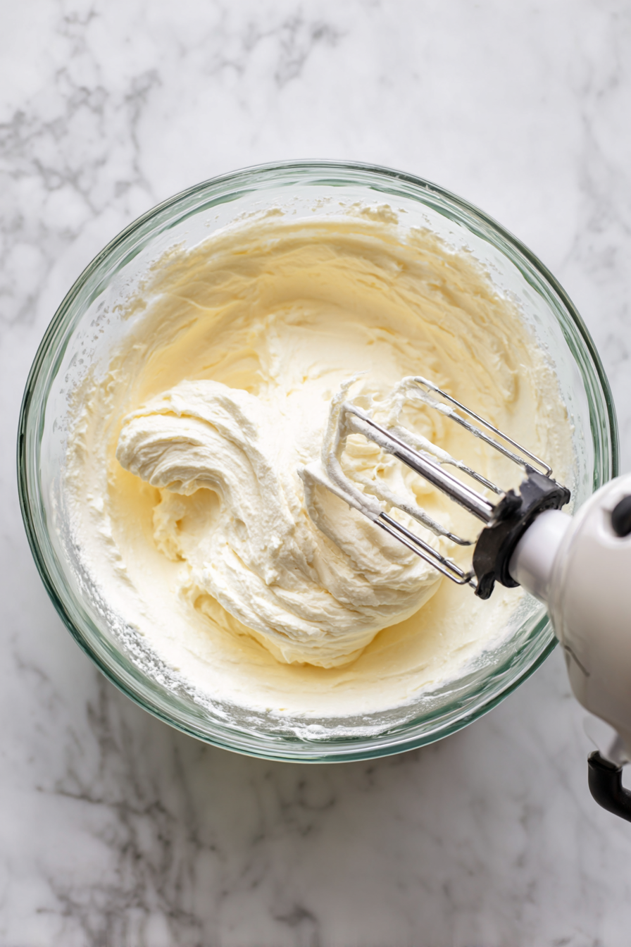 Beat cream cheese, mascarpone, and sugar until smooth. Add coffee liqueur, flour, and eggs. If batter is too thick, mix in heavy cream. Pour over crust.