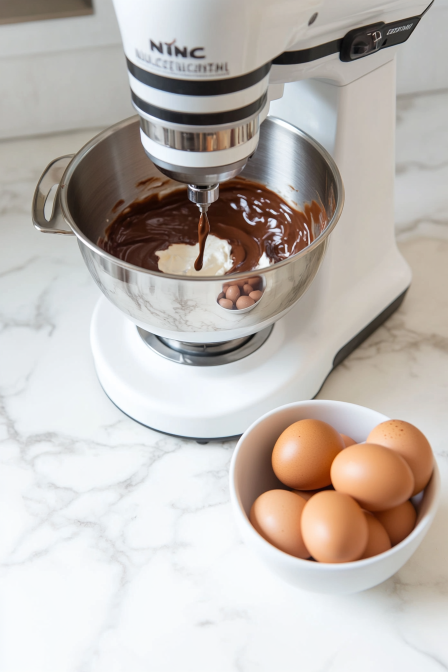 "A stand mixer with a glass bowl is on the white marble cooktop, beating softened cream cheese, granulated sugar, and vanilla extract into a smooth, creamy consistency. A spatula rests nearby for scraping down the sides."