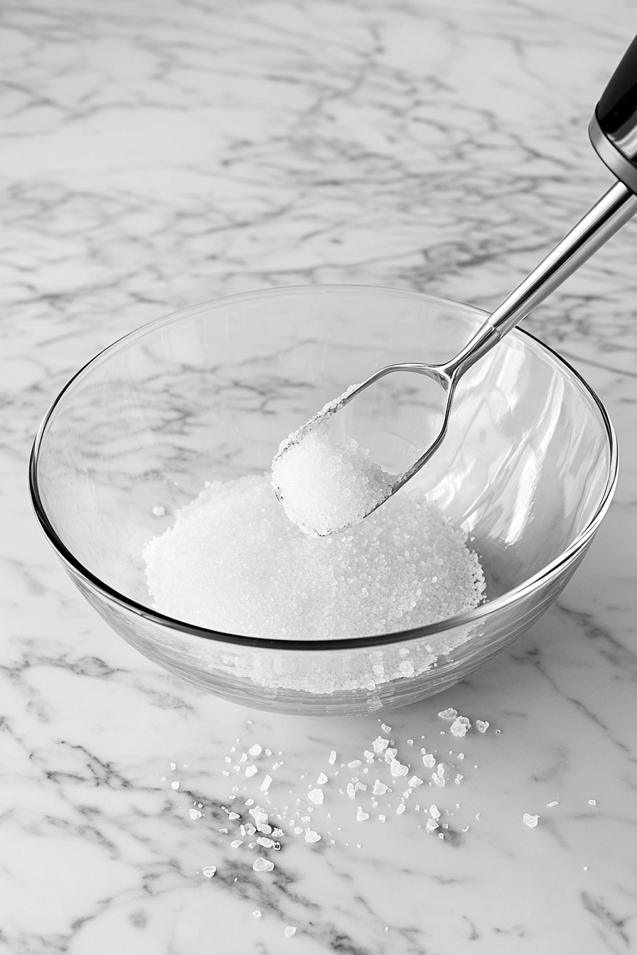 A large glass bowl on the white marble cooktop with an electric mixer, beating together 1 1/2 cups of sugar, butter, vanilla extract, and sea salt until light and fluffy.