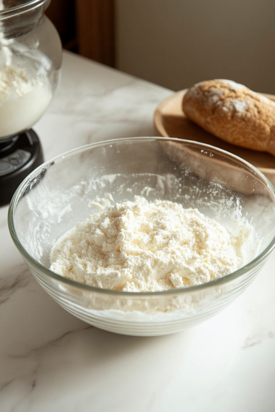 A glass measuring cup on the white marble cooktop is filled with lemon gelatin mix and boiling water. A spoon stirs the mixture into a smooth, vibrant yellow liquid as it cools and begins to thicken.