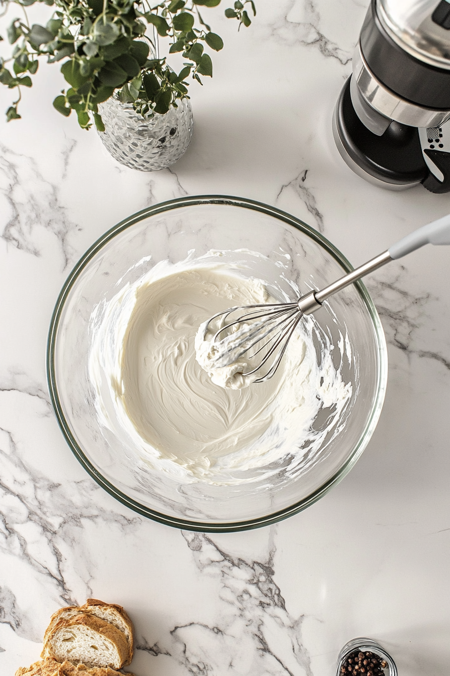 A large glass bowl on the white marble cooktop holds cream cheese being beaten with an electric mixer. The mixture appears entirely smooth, free from lumps.