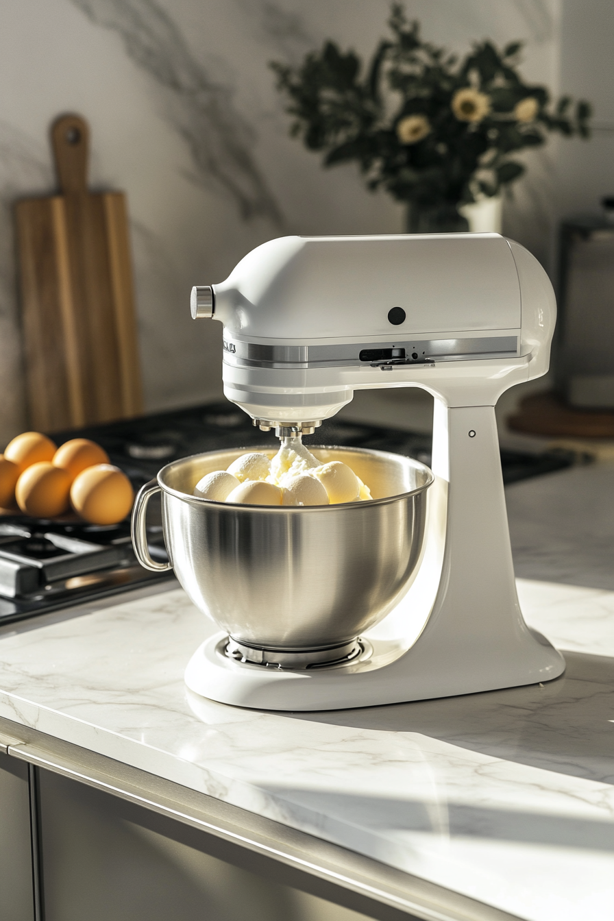 A stand mixer on the white marble cooktop with eggs and sugar being whipped together in its mixing bowl, forming a fluffy, pale-yellow mixture