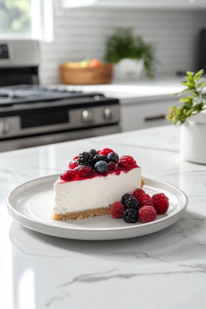 Chilled cheesecake topped with a colorful assortment of fresh mixed berries (blueberries, blackberries, raspberries, and strawberries) on a white marble cooktop, ready to be served.