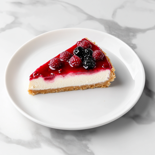 Chilled cheesecake topped with a colorful assortment of fresh mixed berries (blueberries, blackberries, raspberries, and strawberries) on a white marble cooktop, ready to be served.