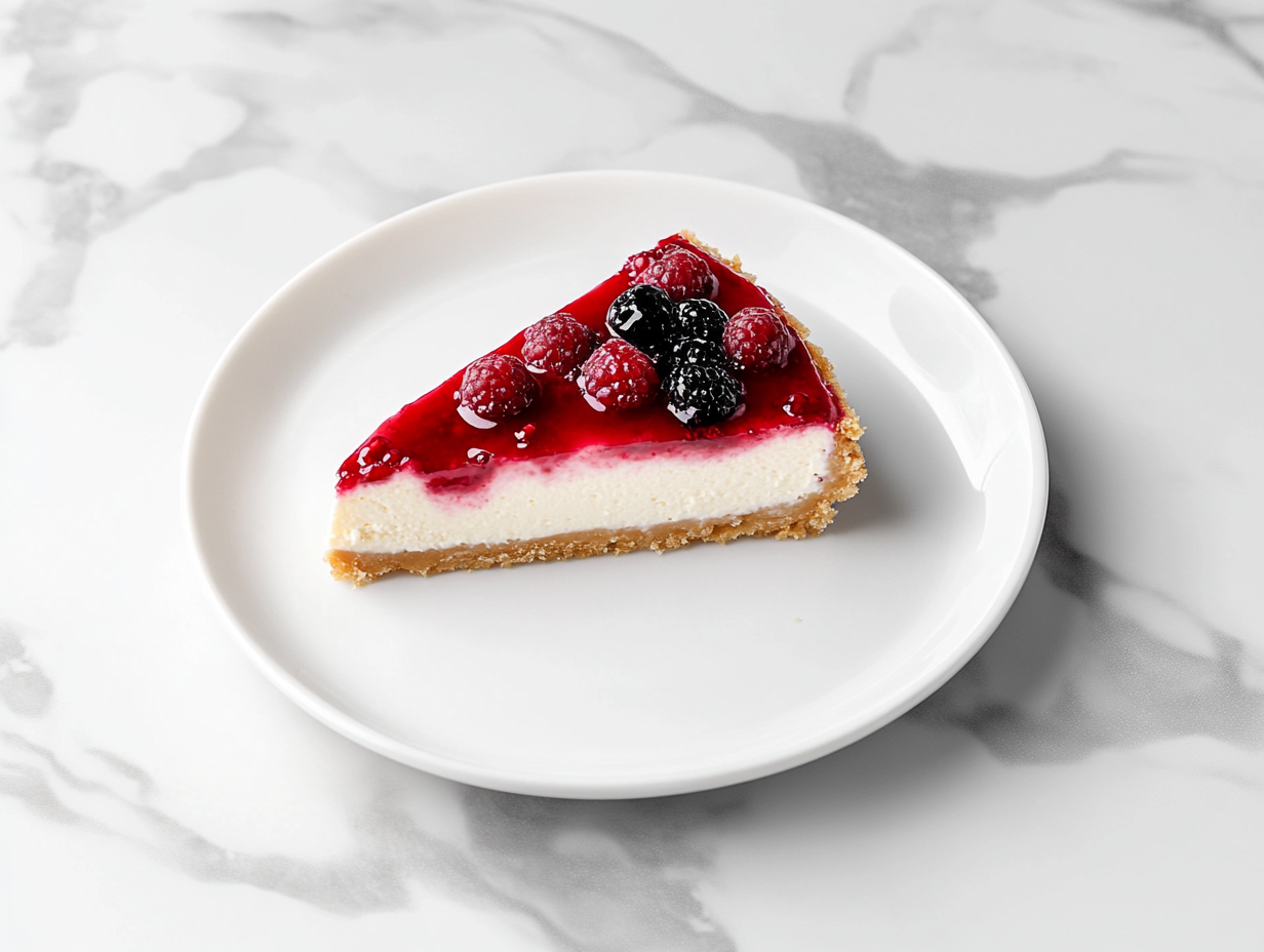 Chilled cheesecake topped with a colorful assortment of fresh mixed berries (blueberries, blackberries, raspberries, and strawberries) on a white marble cooktop, ready to be served.