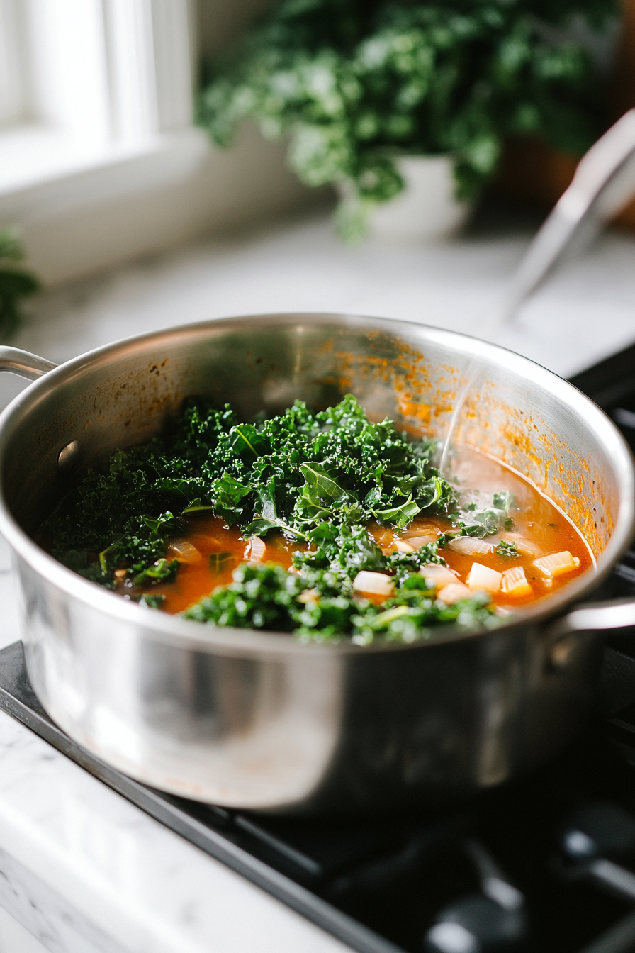 A stick blender is immersed in the soup pot on the white marble cooktop, blending the soup to a smooth, creamy consistency. The mixture appears thick and velvety.