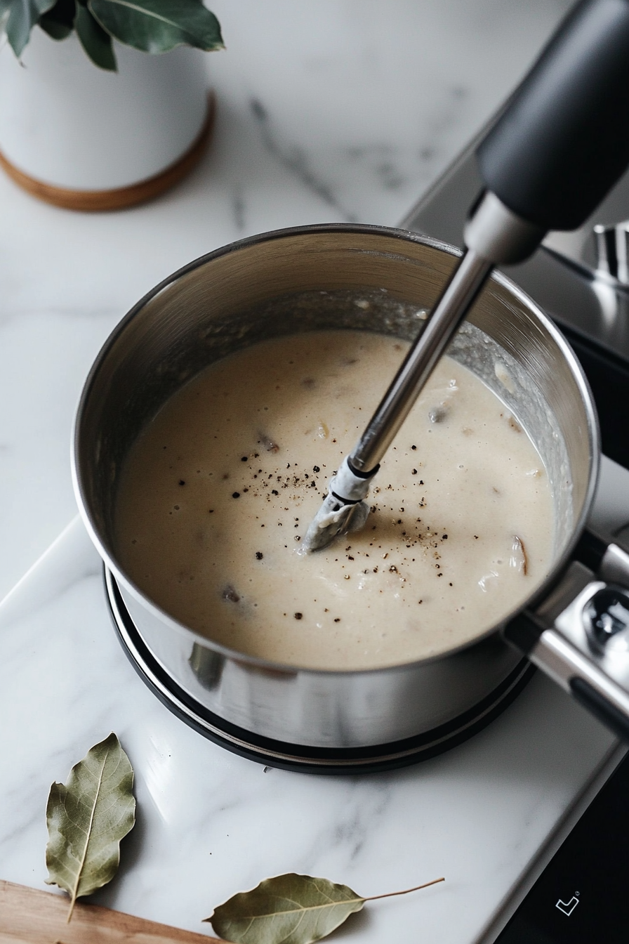 Depict a stick blender blending the mushroom soup directly in the saucepan on the white marble cooktop. The texture of the soup is creamy and smooth, with the bay leaf set aside on a small dish